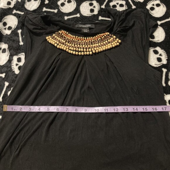LUNDSTROM Black scoop neck beaded flutter sleeve top ~ Boho LARGE XL shirt tee - Picture 7 of 12